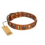 "Strike of Rock" FDT Artisan Tan Leather German Shepherd Collar with Plates and Medallions with Skulls