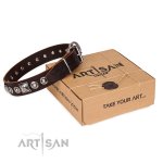 'Pierian spring' FDT Artisan Brown Leather German Shepherd Dog Collar with Silvery Decorations - 1 1/2 inch (40 mm) wide