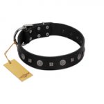 "Mr. Elegance" Designer FDT Artisan Black Leather German Shepherd Collar with Silver-Like Studs