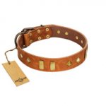 "Woofy Dawn" FDT Artisan Tan Leather German Shepherd Collar with Plates and Rhombs