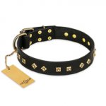 'Rhomb Style' FDT Artisan German Shepherd Black Leather Dog Collar with Old Bronze-Like Plated Studs 1 1/2 inch (40 mm) Wide