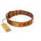"Bronze Century" FDT Artisan Tan Leather German Shepherd Collar with Plates and Brooches with Cool Ornament