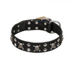 FDT Artisan 'Rock 'n' Roll Style' Leather German Shepherd Collar with Skulls, Bones and Studs 1 1/2 inch (40 mm) wide