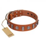 "Luxurious Necklace" FDT Artisan Tan Leather German Shepherd Collar with Silver-Like Adornments