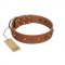 "Silver Age" Fashionable FDT Artisan Tan Leather German Shepherd Collar with Silver-Like Studs