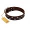 "Blossom Jewel" FDT Artisan Brown Leather German Shepherd Collar with Two Rows of Silver-like Studs with Engraved Flowers