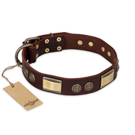 "Golden Stones" FDT Artisan Brown Leather German Shepherd Collar with Old Bronze Look Adornment - 1 1/2 inch (40 mm) wide "Golden Stones" FDT Artisan Brown Leather German Shepherd Collar with Old Bronze Look Adornment - 1 1/2 inch (40 mm) wide