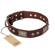 FDT Artisan 'Loving Owner' Decorated Leather German Shepherd Dog Collar with Plates and Studs 1 1/2 inch (40 mm)