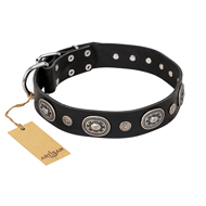 'Black Tie' FDT Artisan Black Leather German Shepherd Collar with Old Silver-like Decorations - 1 1/2 inch (40 mm) wide