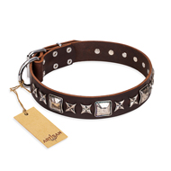 'Perfect Impression' FDT Artisan Brown Leather German Shepherd Collar with Silvery Square Studs - 1 1/2 inch (40 mm) Wide