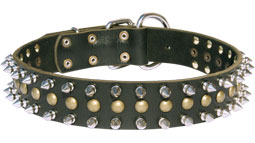 German Shepherd Leather Collar with Shiny Brass Studs and Nickel Spikes