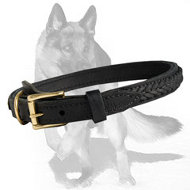 Thick Two-ply Leather Dog Collar with Stylish Braid for Decoration