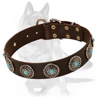Western Leather Dog Collar w/h turquoise stones for Shepherd