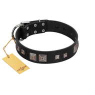 "Foregone Riches" FDT Artisan Black Leather German Shepherd Collar with Old Silver-like Square Studs and Pyramids