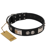 "Grand Wear" FDT Artisan Black Leather German Shepherd Collar with Shining Plates and Spiked Studs