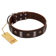 "War Chief" FDT Artisan Genuine Brown Leather German Shepherd Collar with Skulls and Plates