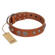 "Era Infinitum" FDT Artisan Tan Leather German Shepherd Collar Adorned with Chrome-plated Circles