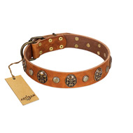 "Call of Feat" FDT Artisan Tan Leather German Shepherd Collar with Old Bronze-like Studs and Oval Brooches