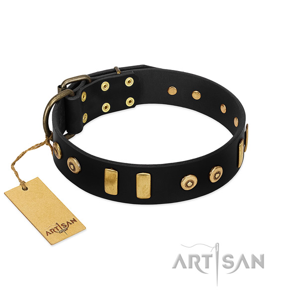 Top notch full grain genuine leather dog collar with exquisite adornments