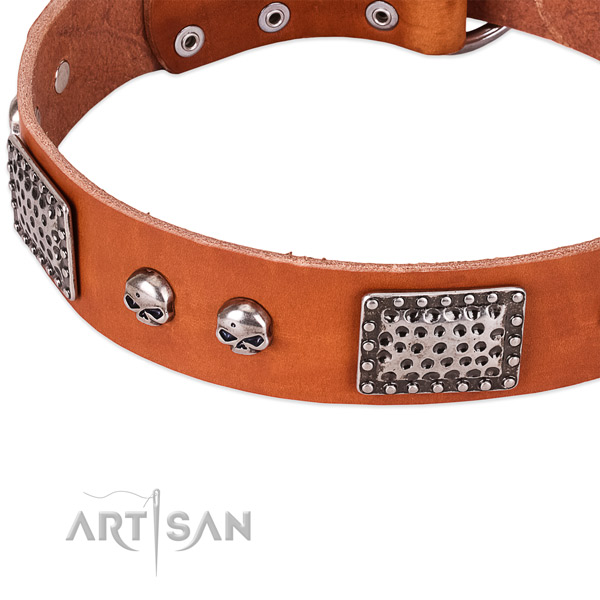 Durable D-ring on full grain natural leather dog collar for your dog