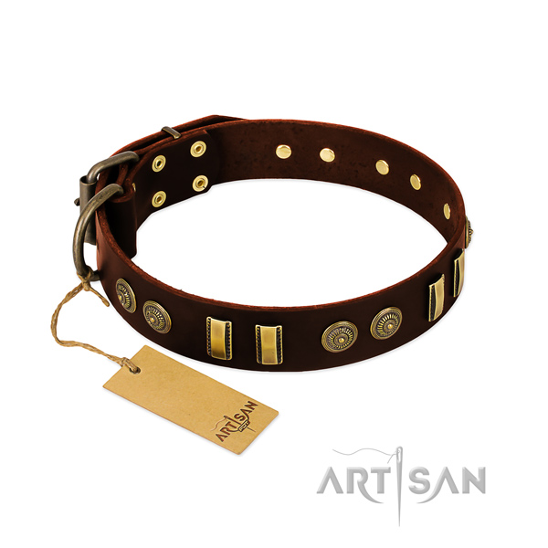 Rust resistant decorations on full grain genuine leather dog collar for your dog