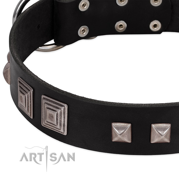 Reliable D-ring on leather dog collar for comfy wearing