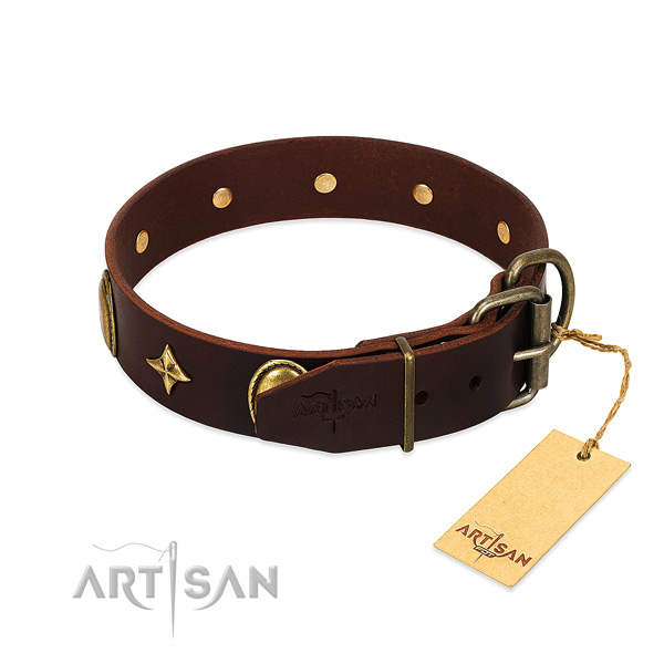 Soft natural leather dog collar with corrosion proof studs