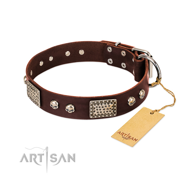 Easy adjustable full grain natural leather dog collar for stylish walking your four-legged friend
