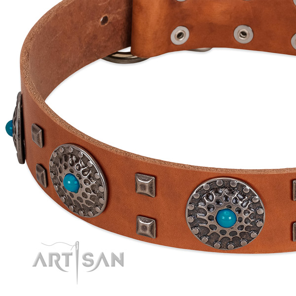 Flexible full grain genuine leather dog collar with significant decorations