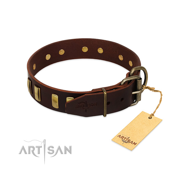 Genuine leather dog collar with corrosion resistant traditional buckle for daily use