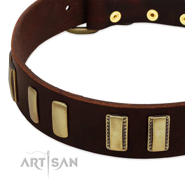 Genuine leather dog collar with corrosion proof D-ring for comfy wearing