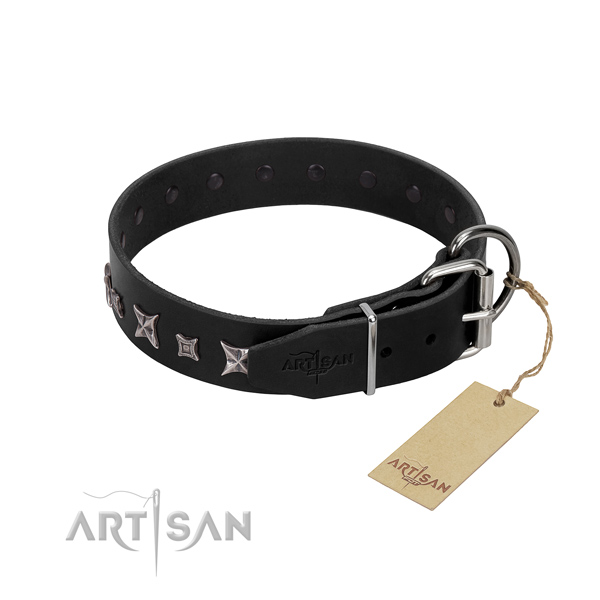 Gentle to touch natural leather dog collar with embellishments for daily walking