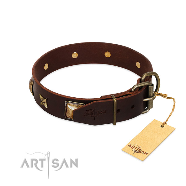 Full grain natural leather dog collar with rust-proof traditional buckle and studs