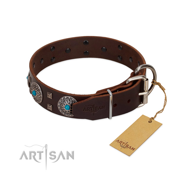 Soft to touch genuine leather dog collar with adornments for easy wearing