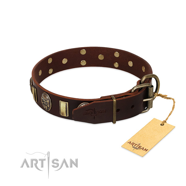 Natural genuine leather dog collar with rust resistant traditional buckle and decorations
