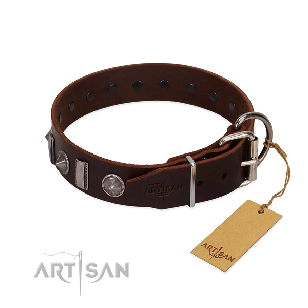 Gentle to touch natural leather dog collar with decorations for your attractive four-legged friend