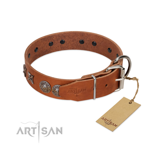 Comfortable wearing soft to touch natural leather dog collar with embellishments