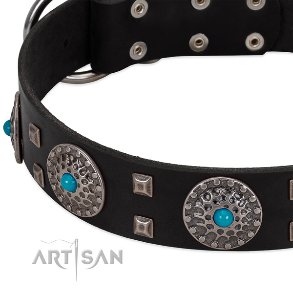 Soft natural leather dog collar with stunning adornments