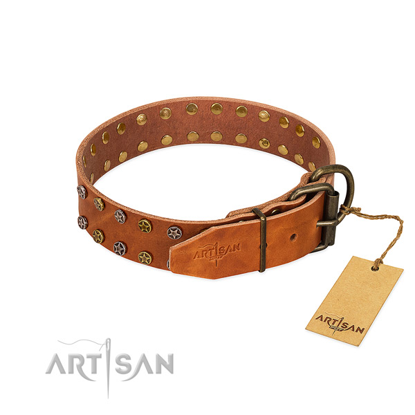 Daily walking full grain genuine leather dog collar with trendy decorations