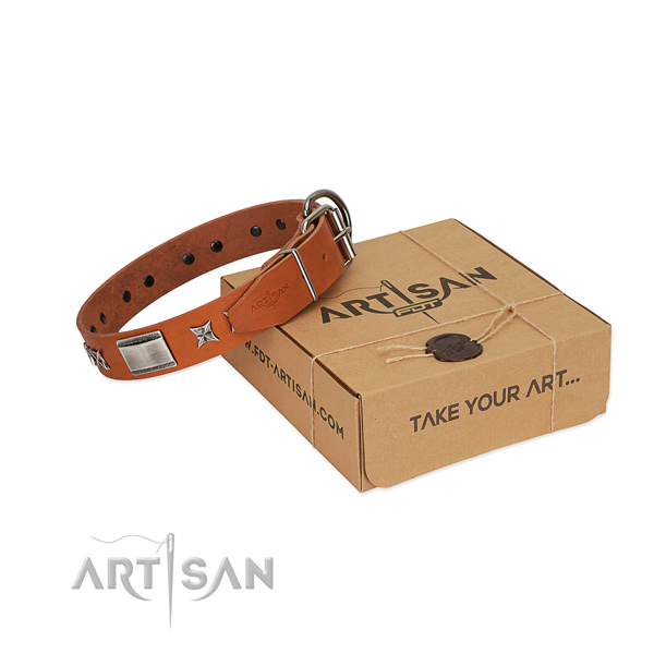 Quality full grain leather dog collar with corrosion proof D-ring