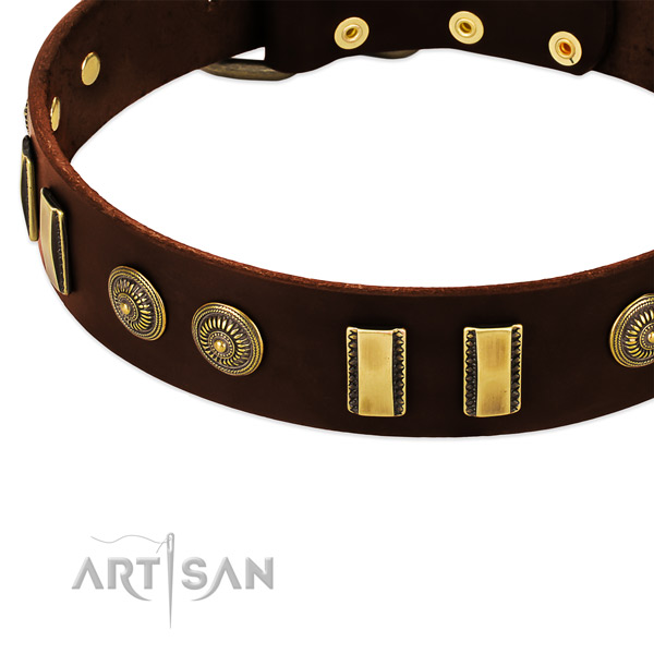 Durable D-ring on natural leather dog collar for your canine