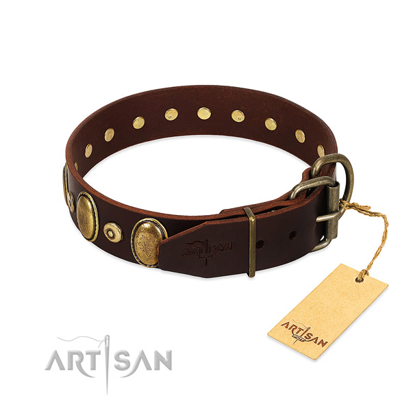 Full grain leather dog collar with corrosion resistant embellishments