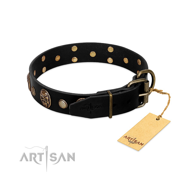Reliable traditional buckle on leather collar for stylish walking your dog