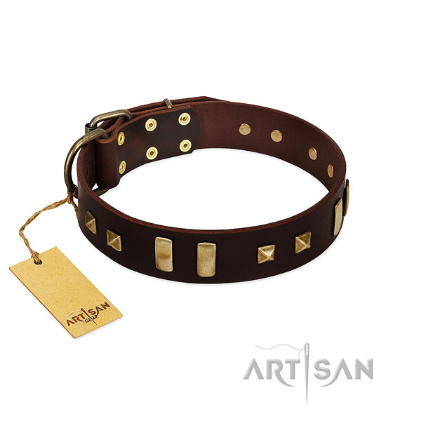 Soft natural leather dog collar with decorations for comfortable wearing