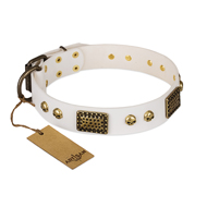 "Lost Treasures" FDT Artisan White Leather German Shepherd Collar with Old Bronze Look Plates and Skulls "Lost Treasures" FDT Artisan White Leather German Shepherd Collar with Old Bronze Look Plates and Skulls