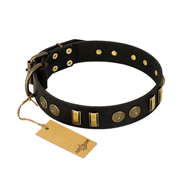 "Simple Elegance" FDT Artisan Black Leather German Shepherd Collar with Old Bronze-like Plates and Circles
