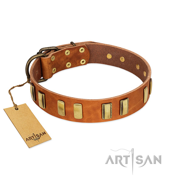 Flexible genuine leather dog collar with rust resistant hardware