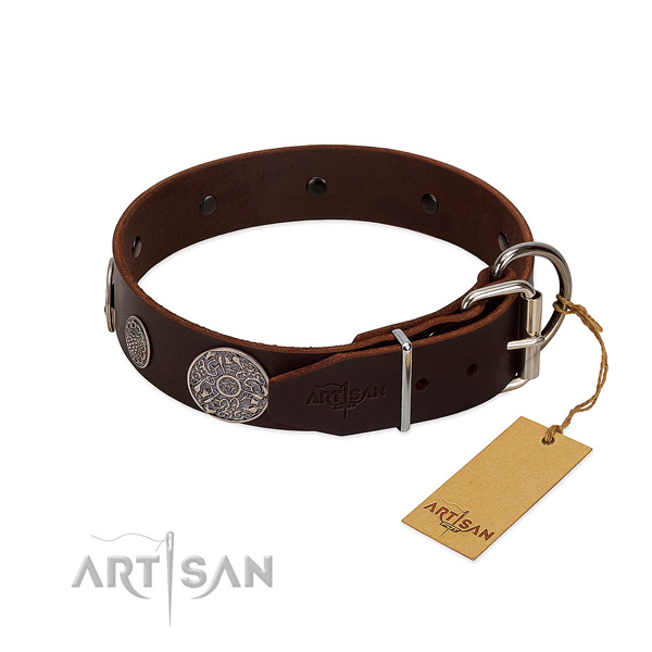 Strong studs on genuine leather dog collar