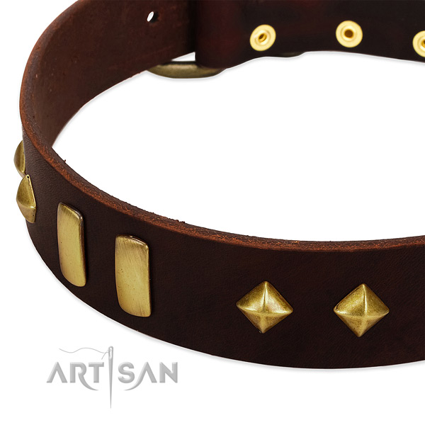 Gentle to touch natural leather dog collar with stylish design decorations