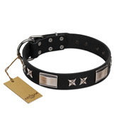 "Pitch Dark" FDT Artisan Black Leather German Shepherd Collar with Stars and Plates